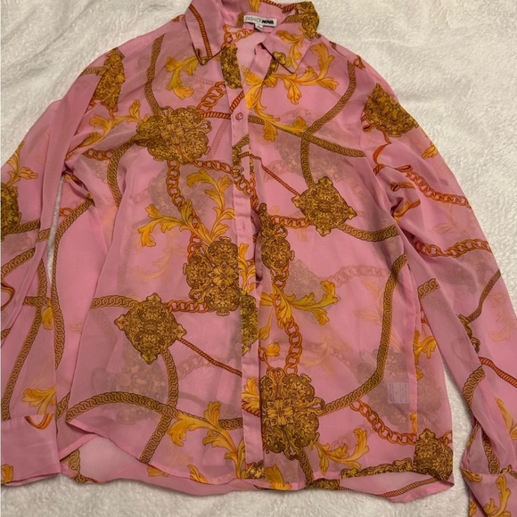 Fashion Nova Tops - Print Sheer Button-Up Blouse (Size S)